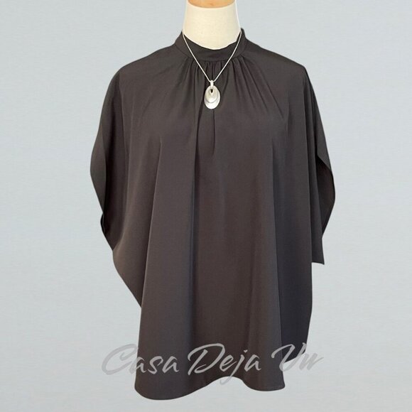 Satin Silky Mock Neck Batwing Dolman Sleeve Pleated Oversize Drapery Blouse - Picture 6 of 10